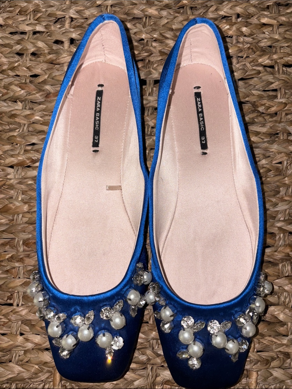 Zara Royal Blue Satin Jeweled Ballet Flats